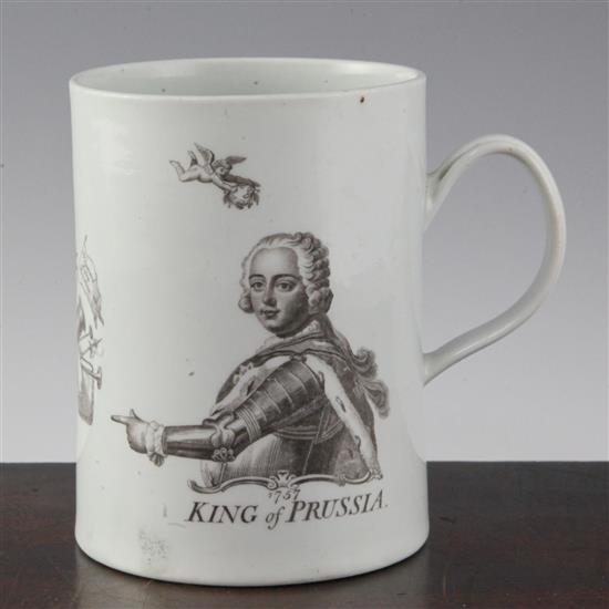 A large Worcester black printed King of Prussia waisted cylindrical mug, dated 1757, 5.6in.